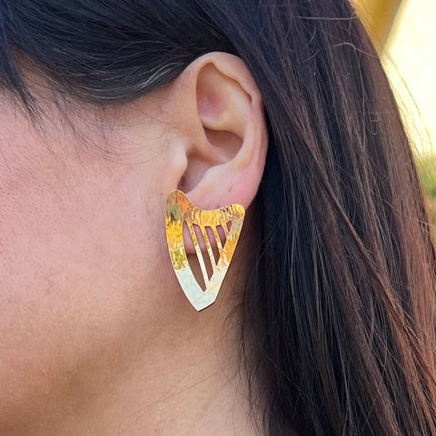 24K Gold Plated textured CELTIC HARP post earrings.