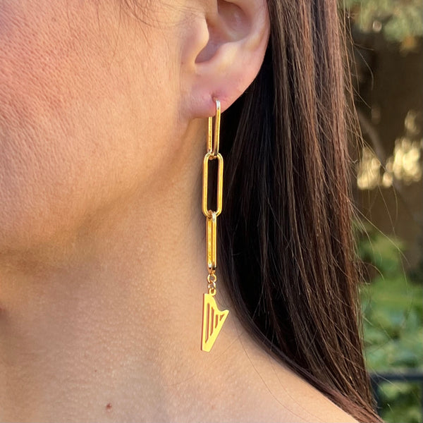 24K Gold Plated long links chain CELTIC or CLASSIC HARP "2 in 1" earrings