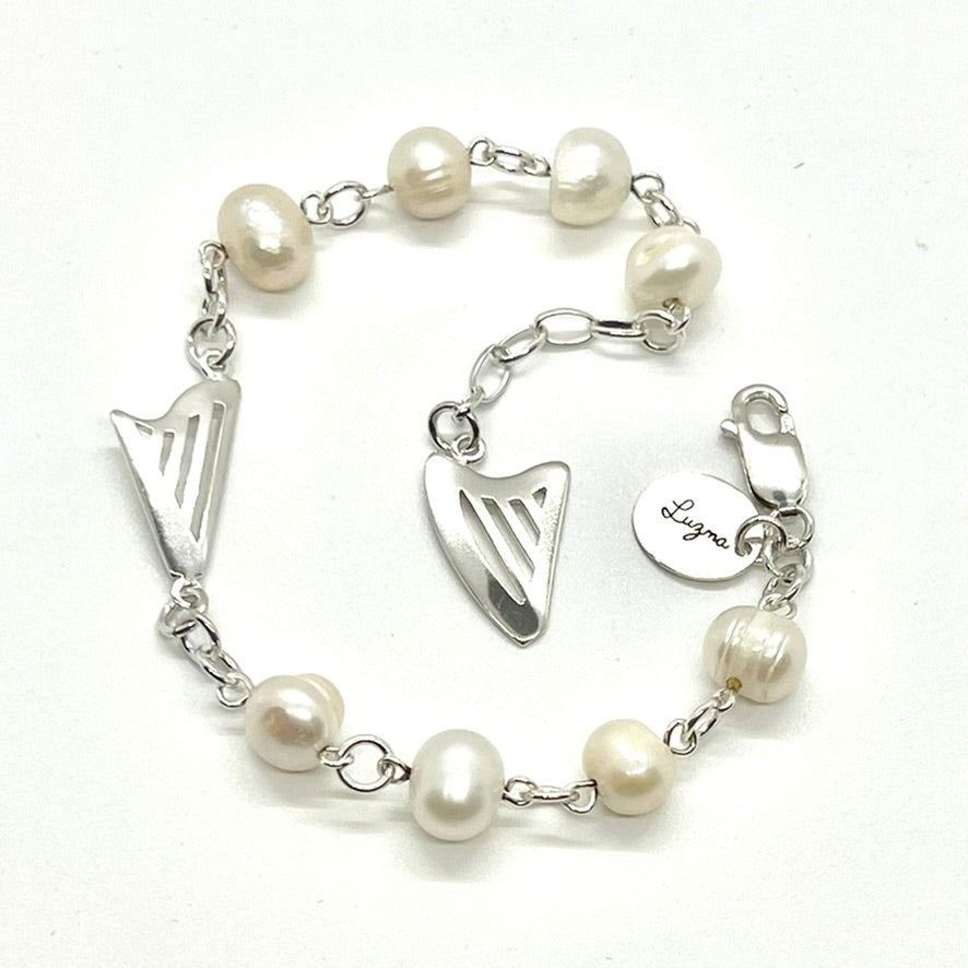 NEW! Sterling Silver bracelet with sweet water pearls and CELTIC and CLASSIC harps