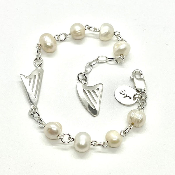 NEW! Sterling Silver bracelet with sweet water pearls and CELTIC and CLASSIC harps