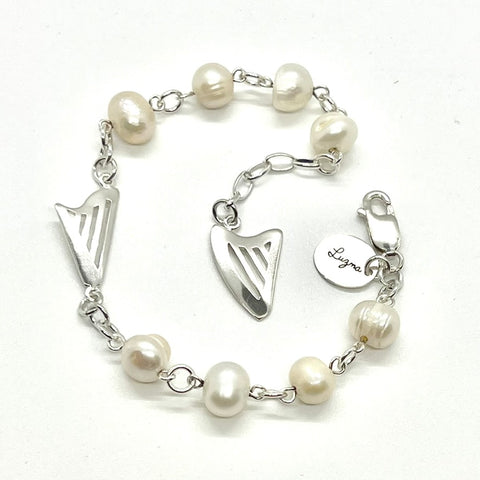 NEW! Sterling Silver bracelet with sweet water pearls and CELTIC and CLASSIC harps