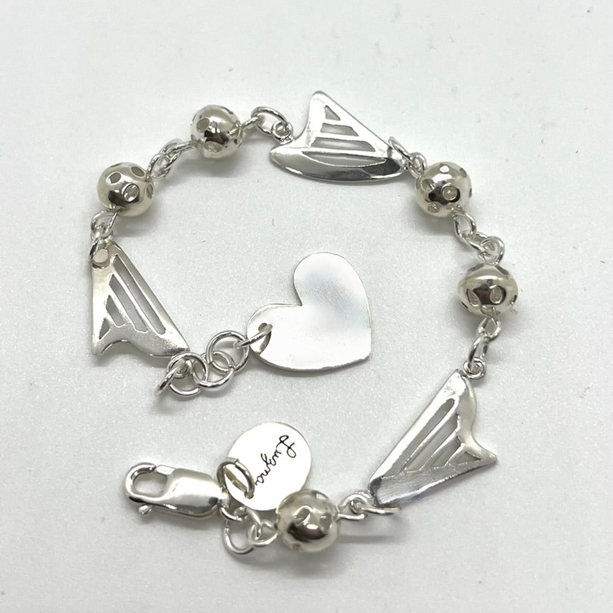 NEW! Sterling Silver bracelet with 3 HARPS and a HEART