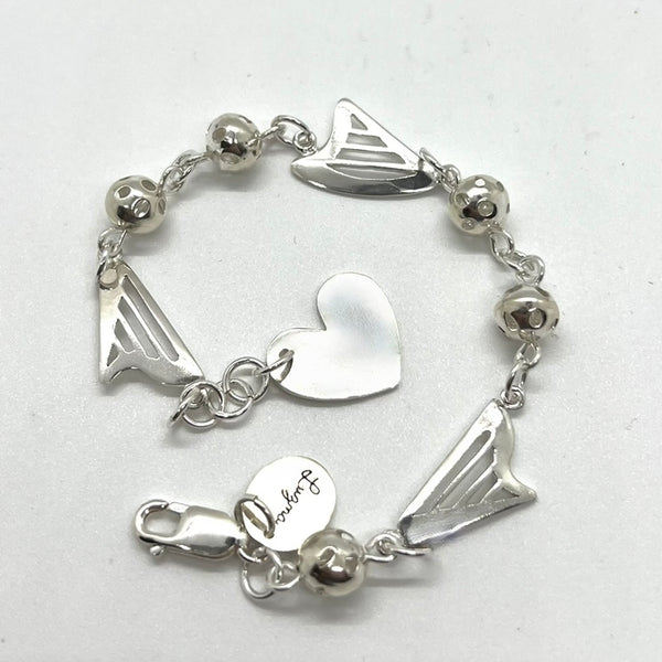 NEW! Sterling Silver bracelet with 3 HARPS and a HEART