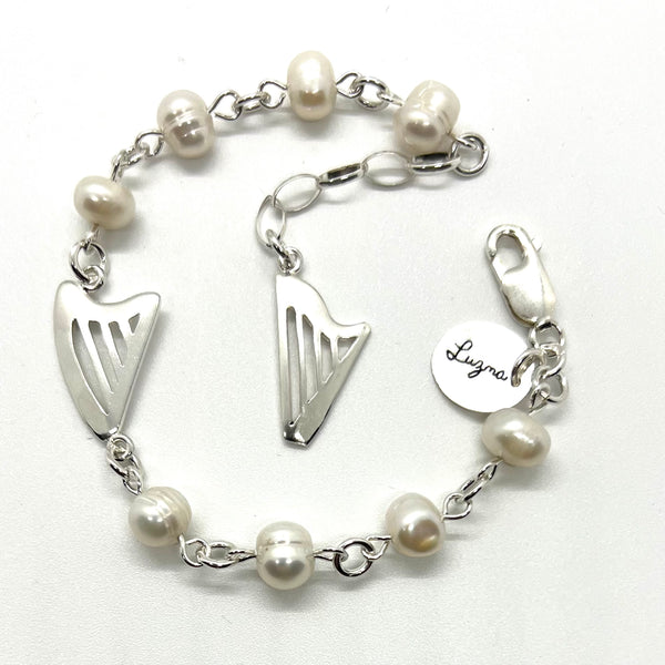 NEW! Sterling Silver bracelet with sweet water pearls and CELTIC and CLASSIC harps
