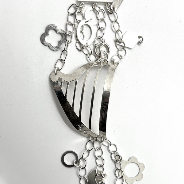 NEW! Sterling Silver bracelet with X-LARGE HARP with chains and charms.