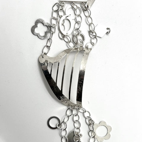 NEW! Sterling Silver bracelet with X-LARGE HARP with chains and charms.