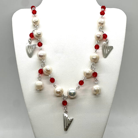 NEW! PEARLS & RED SWAROVSKI CRYSTALS HARPS NECKLACE