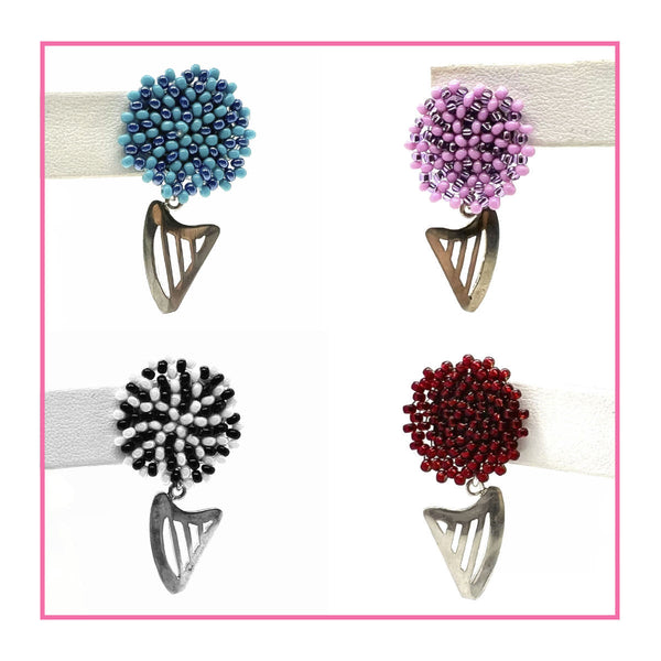 NEW! LIMITED EDITION Embroidered color beads stud earring with Sterling Silver CELTIC HARP