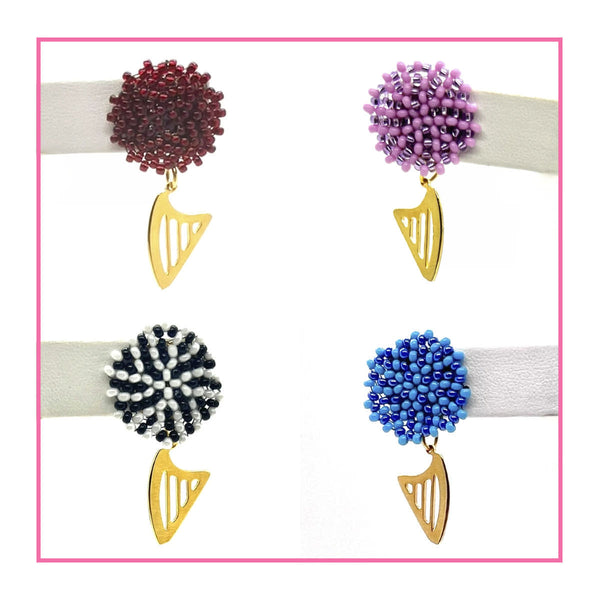 NEW! LIMITED EDITION Embroidered color beads stud earrings with 24K GOLD PLATED CELTIC HARP