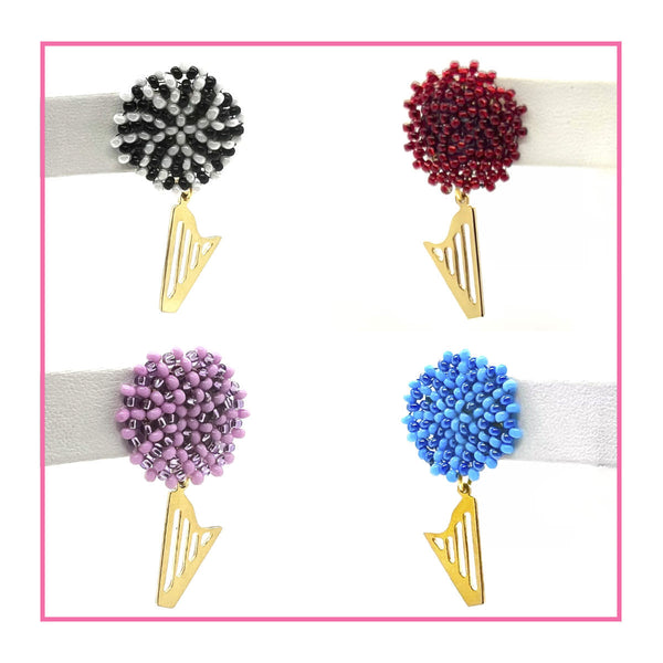 NEW! LIMITED EDITION Embroidered color beads stud earrings with 24K GOLD PLATED CLASSIC HARP