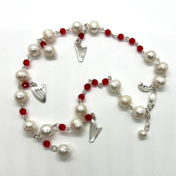 NEW! PEARLS & RED SWAROVSKI CRYSTALS HARPS NECKLACE