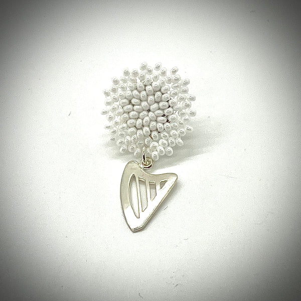NEW! LIMITED EDITION Embroidered color beads stud earring with STERLING SILVER CELTIC HARP