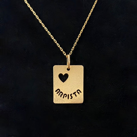NEW! 24K Gold Plated necklace with perforated heart and "ARPISTA" plaque. ONE OF A KIND!