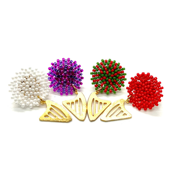NEW! LIMITED EDITION Embroidered color beads stud earrings with 24K GOLD PLATED CELTIC HARP