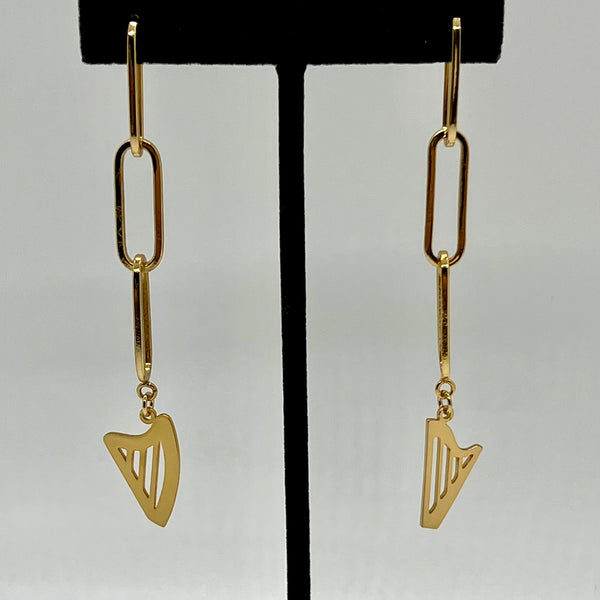 24K Gold Plated long links chain CELTIC or CLASSIC HARP "2 in 1" earrings