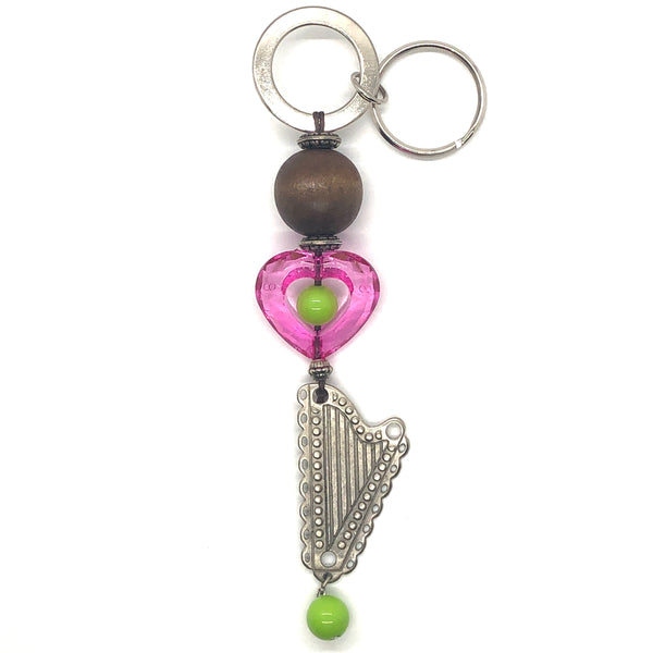 Key Holder/Purse Charm with HOT PINK HEART & METAL HARP