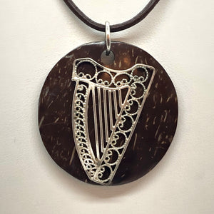FILIGREE STERLING SILVER CELTIC HARP AND COCONUT NECKLACE (limited Quantity)