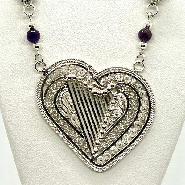 NEW! ONE OF A KIND Sterling Silver necklace with S.S. filigree HEART-HARP.