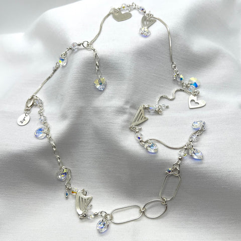 LONG NECKLACE WITH HARPS AND CLEAR SWAROVSKI HEARTS & CRYSTALS