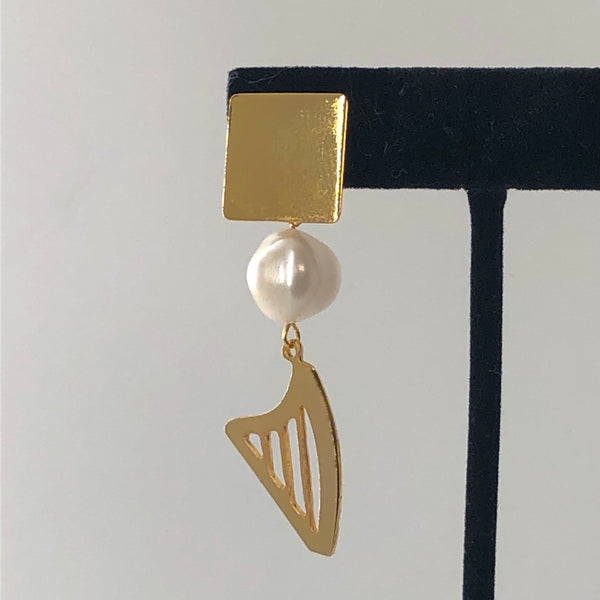24K GOLD PLATED CLASSIC or CELTIC HARP & PEARL stud earrings