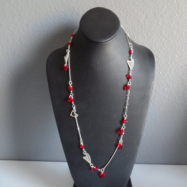 LONG NECKLACE WITH HARPS & RED SWAROVSKI HEARTS & CRYSTALS